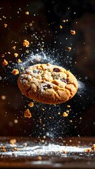 Delicious chocolate chip cookie mid-air with crumbs and dust flying, captured in a dynamic and detailed close-up, with a dark blurred background for a dramatic effect