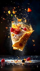 Dynamic high-speed close-up of a falling slice of dessert cake with fruit and sprinkles creating a dramatic splash and motion effect against a dark background