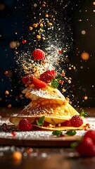 Vibrant dessert presentation with layered pancakes fresh berries scattered toppings and colorful sugar sprinkles with dynamic motion and rich lighting