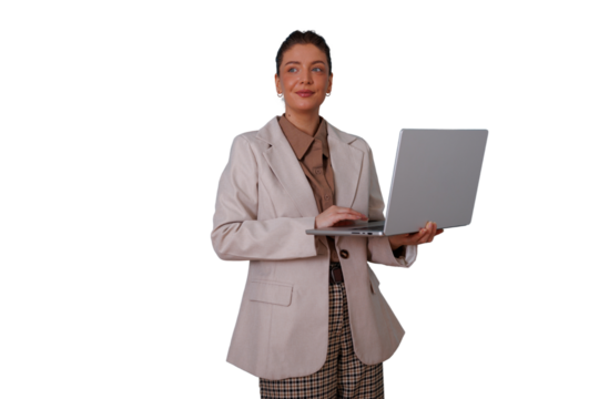 Businesswoman standing, looking away while working on laptop, managing tasks, finding solutions, transparent background