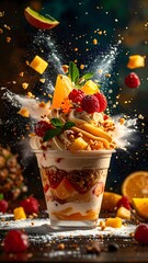 Vibrant Fruit Dessert in Glass Cup with Fresh Raspberries Mango Slices and Mint Leaves, Sweet Layers and Fruit Toppings, Dynamic Explosion of Ingredients and Flavors