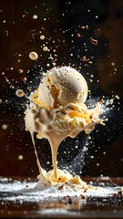 Dynamic splash of creamy vanilla ice cream with flowing texture and falling droplets against dark background illustrating dessert and sweetness