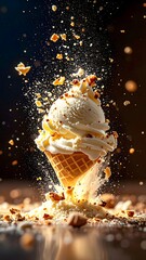 Delicious vanilla ice cream scoop in waffle cone with sprinkles flying in midair under warm lighting on dark background
