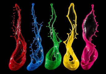 Colorful Paint Splashes Against Black Backdrop - Dynamic Liquid Art.