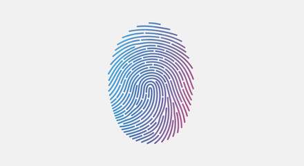 Vibrant gradient fingerprint graphic with blue and purple lines symbolizing digital security and unique identity.