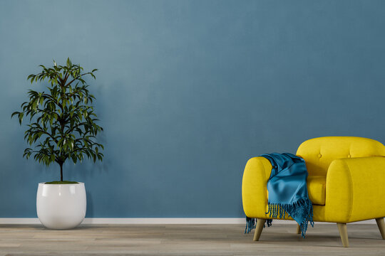 Living room with blue wall, yellow armchair and plant, cozy home ambient, 3D render interior
