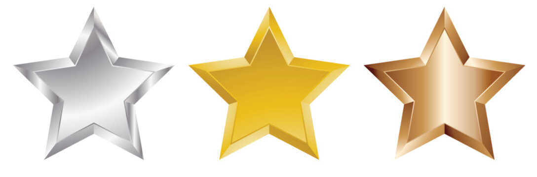 Gold Silver Bronze Star Icons – Metallic Ranking Stars Set for Rating and Achievement Design