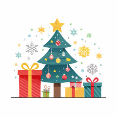 Festive illustration of a decorated Christmas tree with a star topper, surrounded by colorful gift boxes and whimsical snowflakes on a white background