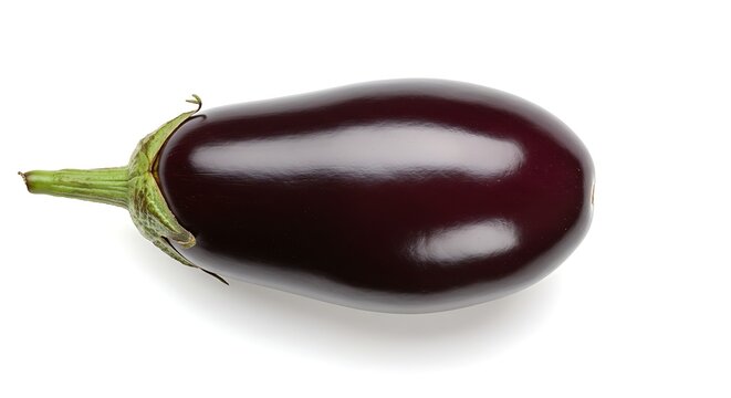 Close-up studio shot of a plump, glossy, deep purple eggplant with green stem on white background - Powered by Adobe