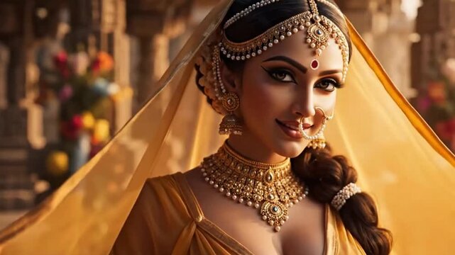 Portrait of an Ancient Indian Queen Wearing Traditional Royal Attire and Jewelry