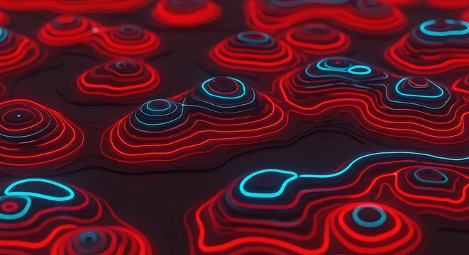 Close-up view of a 3D abstract topographic model with glowing red and blue contours