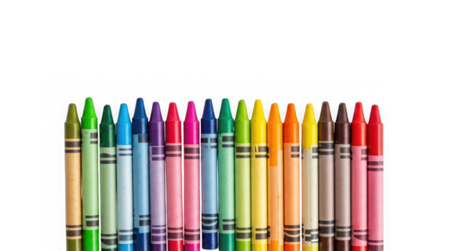 Variety of colorful crayons standing upright in a neat line
