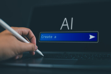 AI prompt to generate content or image with computer. Text model. Artificial intelligence in laptop. Photo generator at creative work. Student searching with virtual chat.