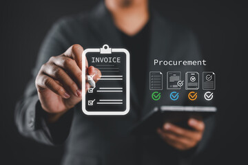 Touchless digital procurement workflow concept showing a hand selecting invoice documents with verification icons. Suitable for ERP software, paperless approval systems and B2B purchase management