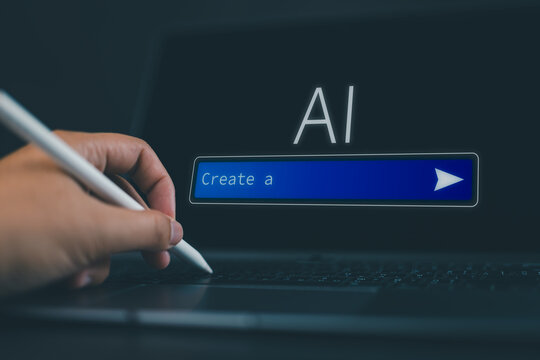 AI prompt to generate content or image with computer. Text model. Artificial intelligence in laptop. Photo generator at creative work. Student searching with virtual chat.