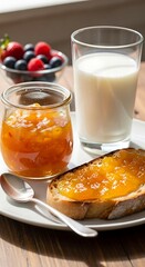 Breakfast Still Life - Toast, Jam, Milk, and Berries.