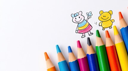 Fototapeta premium Bright crayon characters joyfully playing in a forest filled with imaginative colors and creative expressions by a young artist