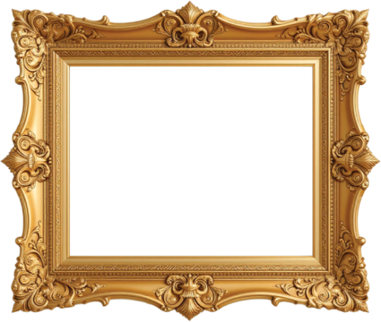 Elegant ornate golden picture frame with vintage baroque floral carvings, luxury decorative border for classic artwork or royal portrait