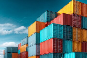 Beneath the surface of trade: exploring stacked shipping containers. Fashion beauty. Subtle shifts in shipping containers: portraying colorful global logistics. Luxury style. Branding asset.