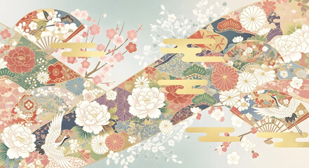 Fototapeta premium 金雲と四季の花が彩る和風デザイン｜伝統美イラスト