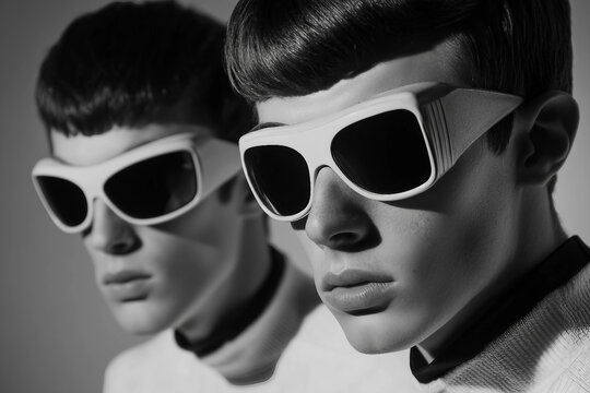 Retro futurism style portrait of person neon VR visor wear clothes inspired how people imagined future 80s 90s generative ai