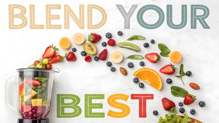 Overhead view of a colorful smoothie ingredients pouring into blender