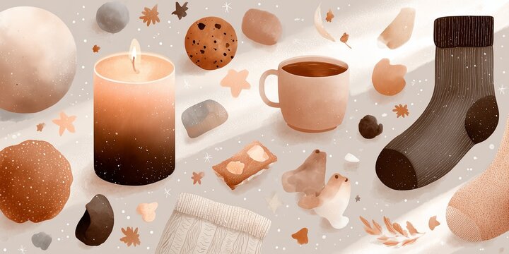 Cozy autumn-themed flat illustration featuring warm colors, a candle, a mug, cookies, and various seasonal elements creating a comforting atmosphere for relaxation and enjoyment