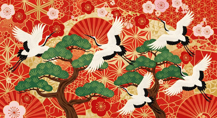 鶴と桜と金箔風模様｜華やかな和風お正月デザイン