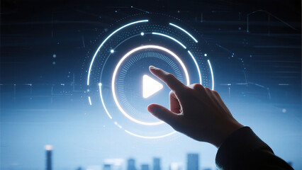 Hand interacting with digital play button interface