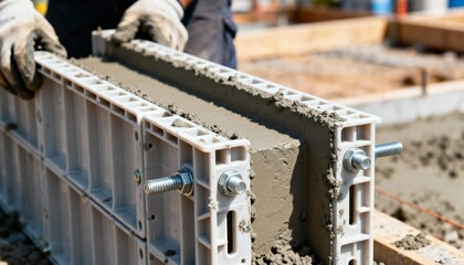 Closeup medium shot showing plastic concrete formwork panels being aligned and secured for shaping fresh concrete.