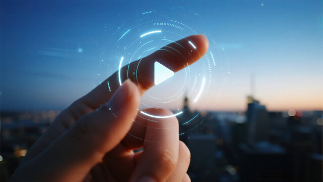 Finger pressing play button on digital interface