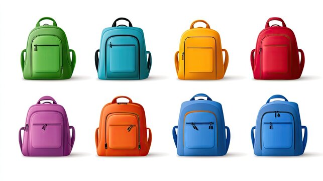 Variety of colorful school backpacks showcasing minimalistic design and functional features in a clean, modern style