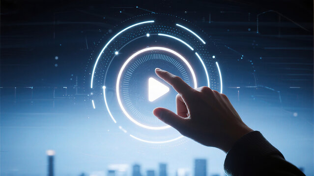 Hand interacting with digital play button interface - Powered by Adobe