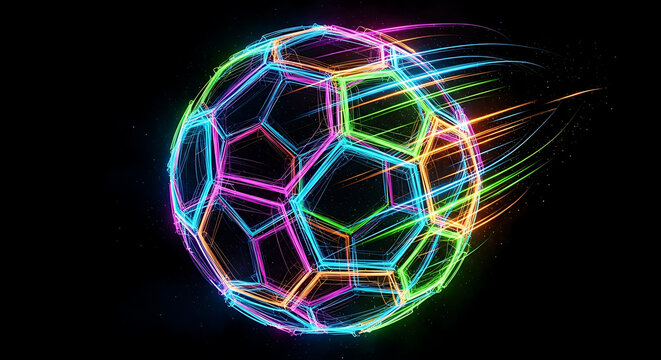 A dynamic illustration of a soccer ball with neon color light trail against a dark background, evoking a sense of speed and energy