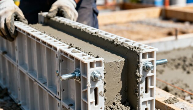 Closeup medium shot showing plastic concrete formwork panels being aligned and secured for shaping fresh concrete.