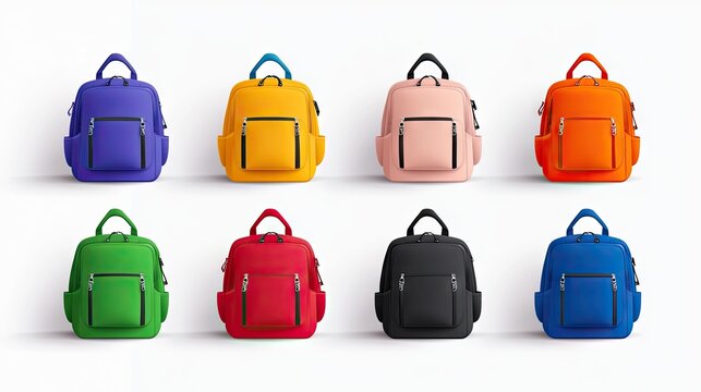 Colorful collection of minimalist school backpacks showcasing vibrant hues and practical design elements on a clean background