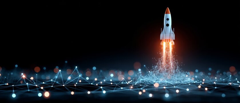 Ascending ambitions: the rise of technological marvels. Cyber intelligence. Metallic rocket piercing the atmosphere with fire. Digital intelligence. Network architecture.