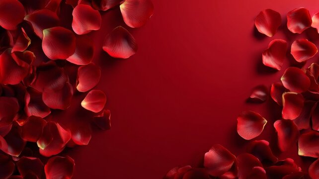 Romantic valentine's day background with heart-shaped frame of red rose petals on a deep red backdrop for love, celebration, and romantic holiday designs