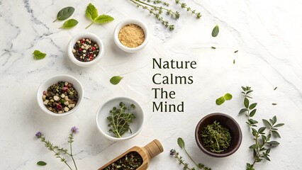 Overhead view of herbal blend in small bowls with quote on table