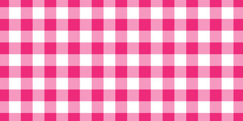 Pink picnic plaid texture. Gingham or vichy pattern in coquette style. Tablecloth, blanket or napkin print. Checkered baby girl background. Wrapping paper or textile design. Vector flat illustration.