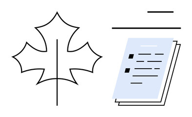 Abstract leaf outline next to layered documents with text. Ideal for ecology, education, organization, growth, sustainability, design, innovation. Simple flat metaphor