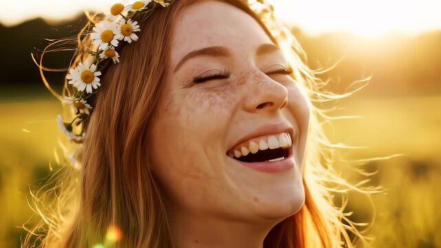 Young Woman Laughing and Enjoying Sunshine in a Field of Flowers