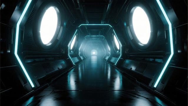 Futuristic corridor with glowing lights