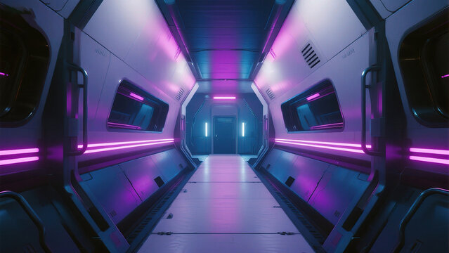 Futuristic corridor with neon lights