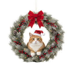 Cat in Santa hat sitting in a wreath isolated on transparent or white background, png