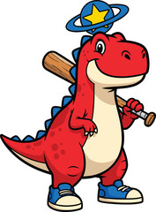 Cute red dinosaur cartoon holding baseball bat, funny dino character wearing sneakers and hat, adorable sports animal illustration for kids design
