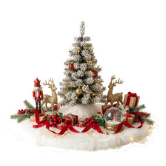 Christmas tree on a fluffy rug near Christmas toys isolated on transparent or white background, png