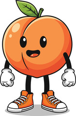 Cute peach fruit cartoon mascot with happy face, orange vector character in sneakers, fun healthy food design illustration