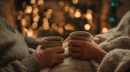 Naklejka premium Elderly couple’s wrinkled hands holding steaming cups wrapped in blankets sitting together by glowing fireplace with festive bokeh lights