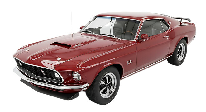 A maroon ford mustang boss showing off its sleek design and powerful presence against a dark backdrop